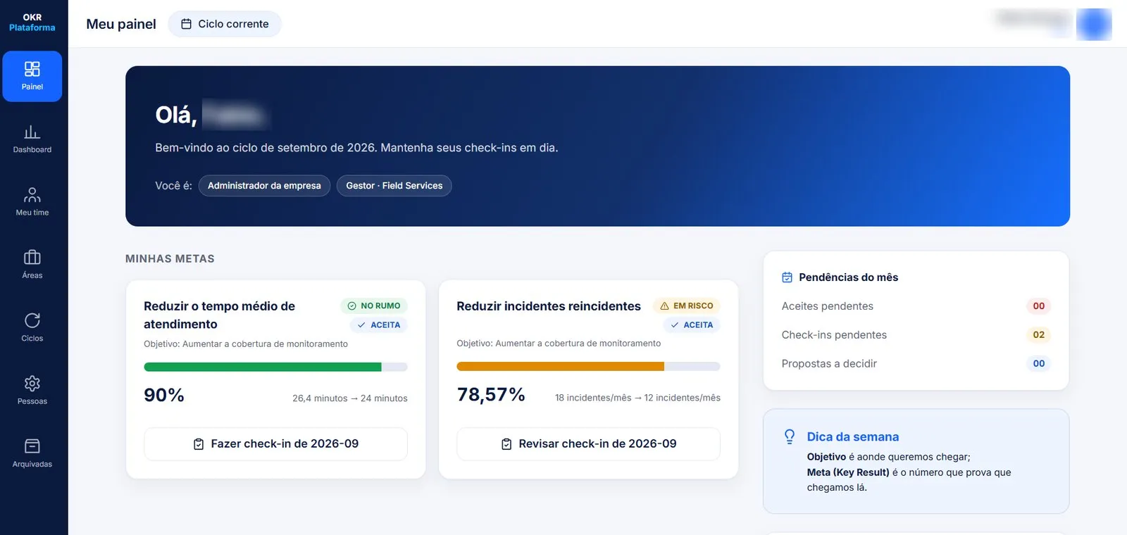 Personal OKR dashboard with goals, status and this month's to-dos